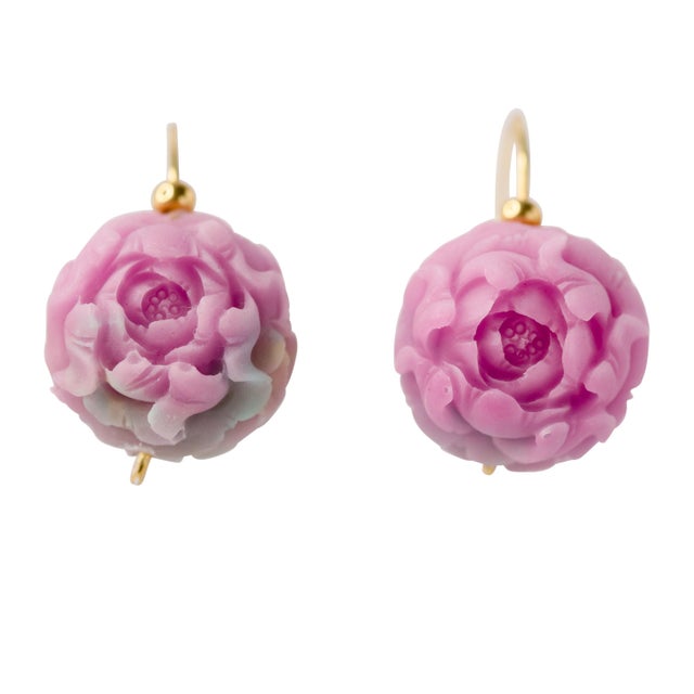 Modern Pink Agate Peony Flower Earring II 14k Gold Hook, A Pair For Sale - Image 3 of 8