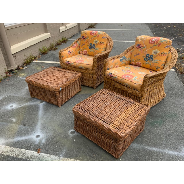 Wood 20th Century Kreiss Pair of Wicker Chairs and Ottomans For Sale - Image 7 of 11