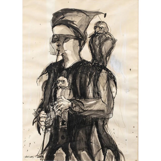 A striking original Arnold Mesches (American, 1923–2016) watercolor and ink on paper depicting a whimsical circus...