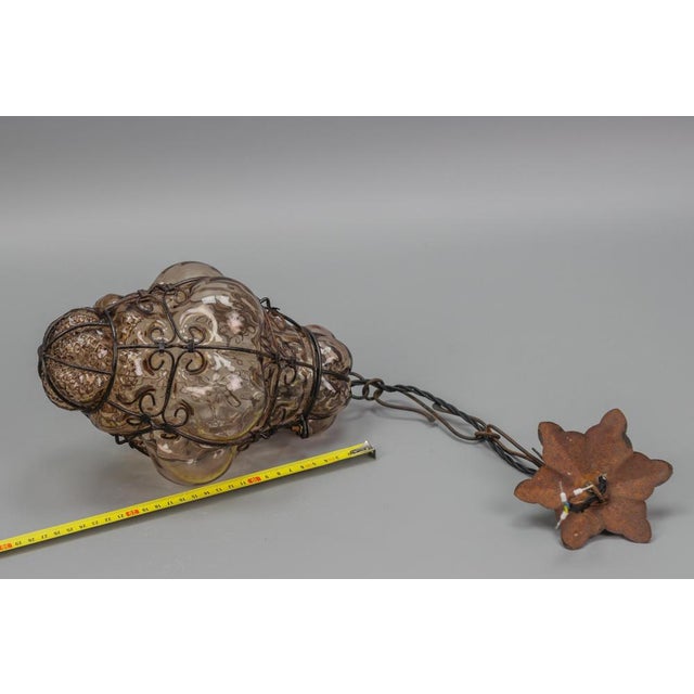 Italian Venetian Amber Smoke Coloured Clear Murano Glass Caged Hanging Lantern, 1950s For Sale - Image 18 of 18