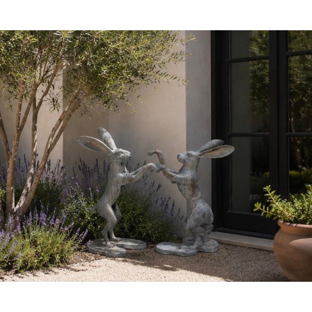 A Pair of Vintage Cast Iron Boxing Hares Garden Statues For Sale - Image 12 of 12