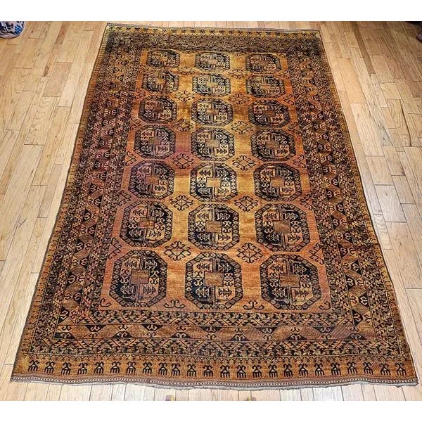 Textile Vintage Afghan Ersari Rug, Hand-Knotted Wool, Allover Geometric Design, Camelhair & Navy, 9’ X 13’ For Sale - Image 7 of 12