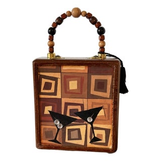 Tiki MCM Wood Cigar Box Onyx Reserve Groovy Martini II Art Purse Handbag Celeste Peters For Sale