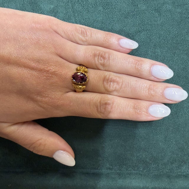 Vintage Oval Rodolite Garnet Victorian Revival in 18k Yellow Gold Solitaire Ring, Size 10.5 For Sale - Image 16 of 17