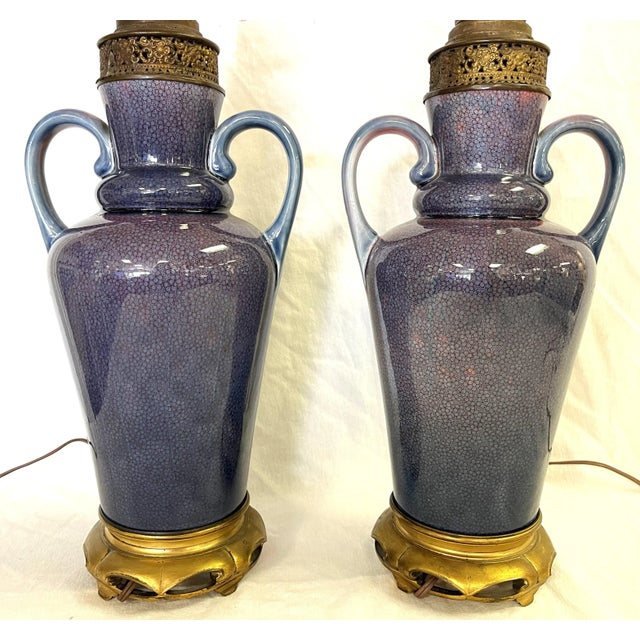 Ceramic Vintage Ceramic Amphora Handled Vase Lamps With Purple Floral Decoration- a Pair For Sale - Image 7 of 12
