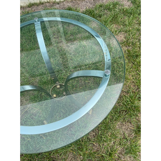 Pair of Vintage French Glass, Steel and Brass Round Side Tables Attributed to Maison Jansen For Sale In Philadelphia - Image 6 of 7