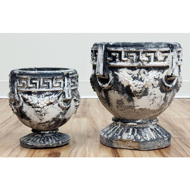 Vintage Greek Key and Grape Motif Concrete Planter Pair For Sale - Image 4 of 9