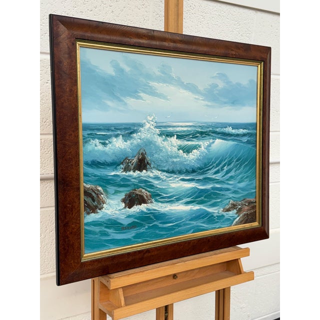 Seascape with Waves Breaking on Rocks - Oil on Canvas by 20th Century Artist 1985 Circa For Sale - Image 9 of 16