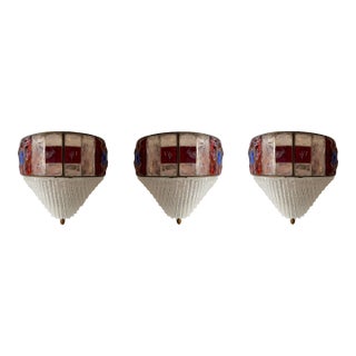 Hammered Glass Wrought Iron Murano Glass Sconces by Longobard, Italy, 1970s, Set of 3 For Sale