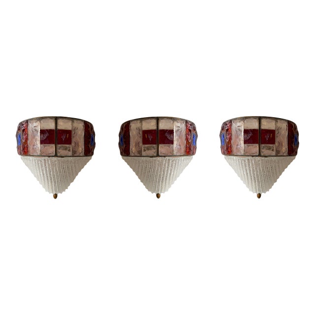 Hammered Glass Wrought Iron Murano Glass Sconces by Longobard, Italy, 1970s, Set of 3 For Sale