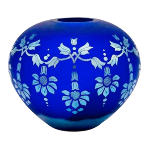 1980s Fenton Favrene Satin Sunflower Blue Art Glass-Etched-Cobalt Vase, Limited Edition