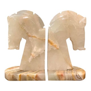 1920s White Agate Horse Figurehead Bookends - Set of 2 For Sale