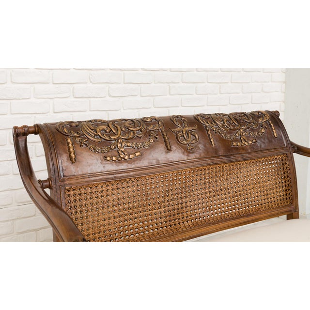 Louis XVI Style Carved Chestnut and Caned Settee with Armchairs, Early 20th Century, Set of 3 For Sale - Image 6 of 7