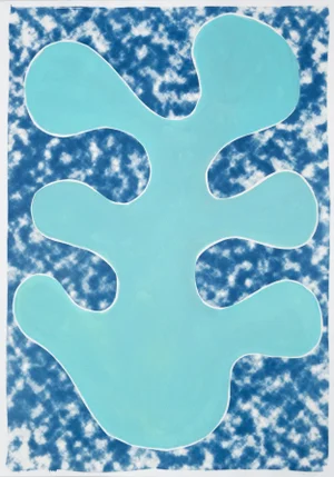 2020 Kind of Cyan, Modern Mixed Media of a Turquoise Leaf Cutout