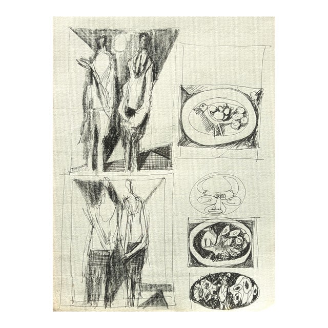 David Adickes Early Modern Black & White Abstract Figurative Sketchbook Page Drawing, Mid 20th Century For Sale