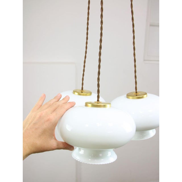 Mid-Century Italian Opaline Glass and Brass Pendant Lamp, Set of 3 For Sale - Image 9 of 18