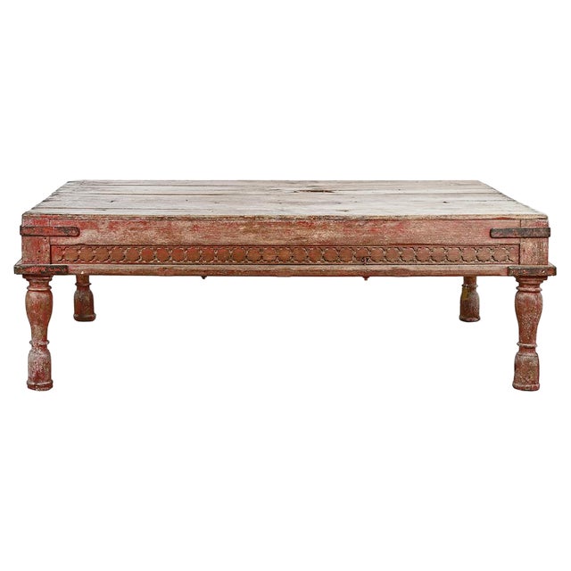 Wooden Coffee Table with Red Patina For Sale