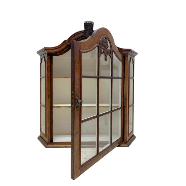 Wood Walnut Veneer Wall Display Cabinet with Ornament and White Shelves, 1960s For Sale - Image 7 of 11