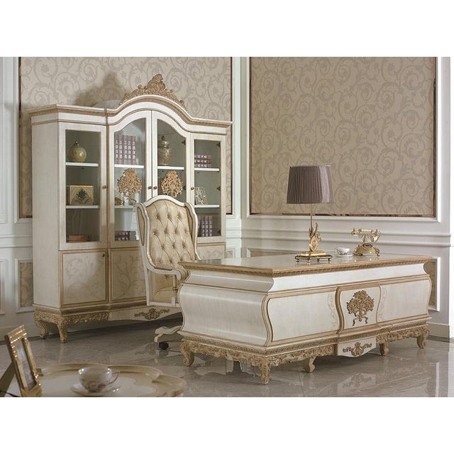 Italian Italian-Inspired White & Gold Carved Writing Desk With 3 Drawers For Sale - Image 3 of 3