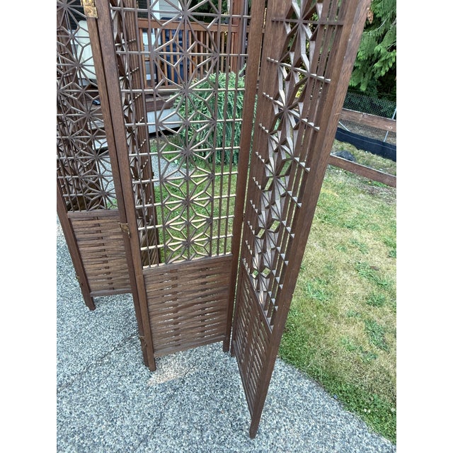 Vintage Japanese Mid-Century Modern Teak Shoji Six-Panel Folding Room Divider | Kumiko | 1960 For Sale - Image 9 of 12
