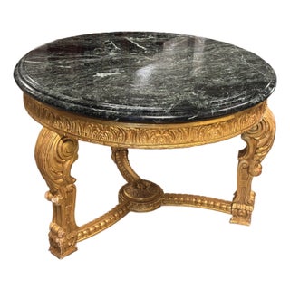 French Louis XV Style 23 K Gold Carved Wood Center Table + Marble Top For Sale