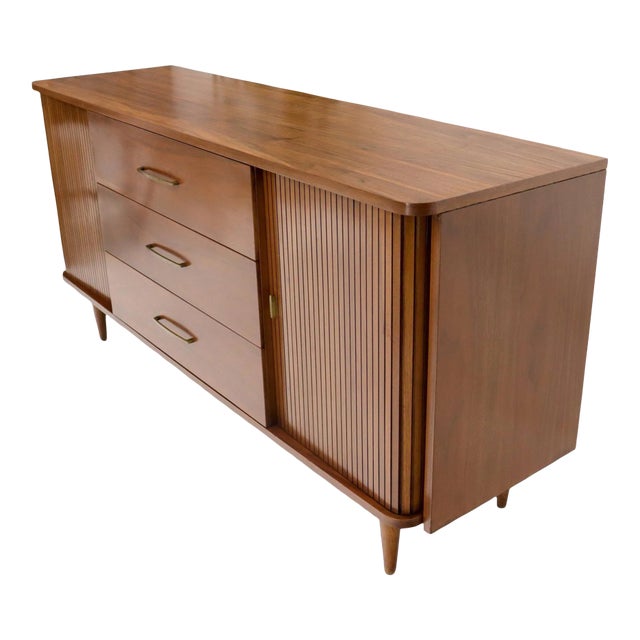 American Walnut Mid-Century Modern Tambour Doors Long Dresser Credenza For Sale