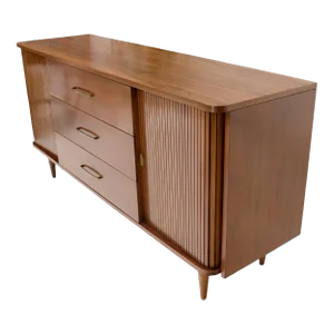 American Walnut Mid-Century Modern Tambour Doors Long Dresser Credenza