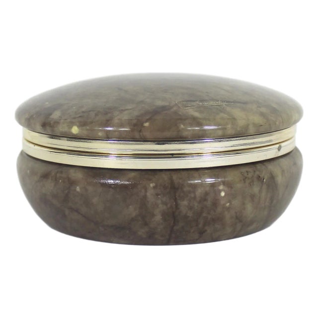 Vintage Italian Hand Carved Alabaster Lidded Trinket Box Brown Marble Stone Signed For Sale
