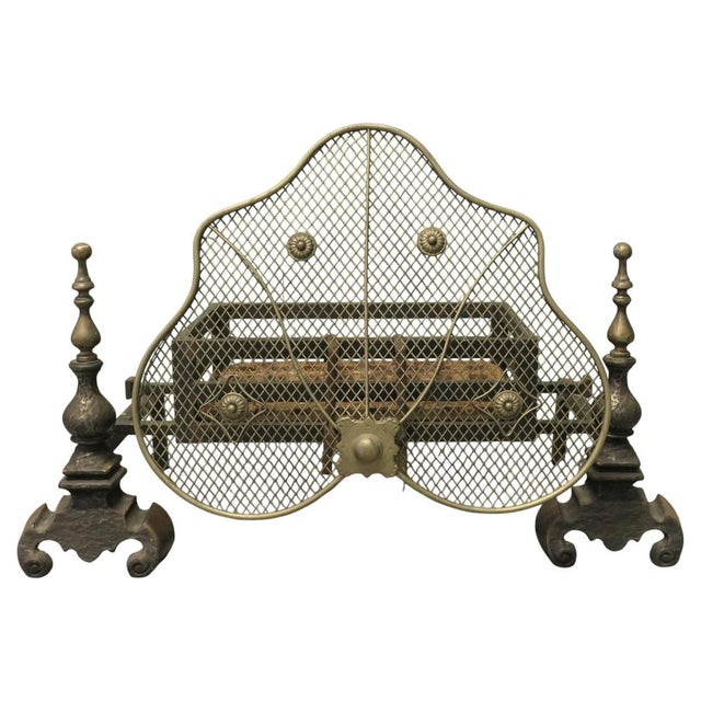 Antique Fire Grate on Andirons with Brass Guard, 1800s For Sale - Image 9 of 9