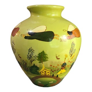 Vintage Bucolic Rustic Rural Scene Folk Art Painted Figural Angel Vase For Sale