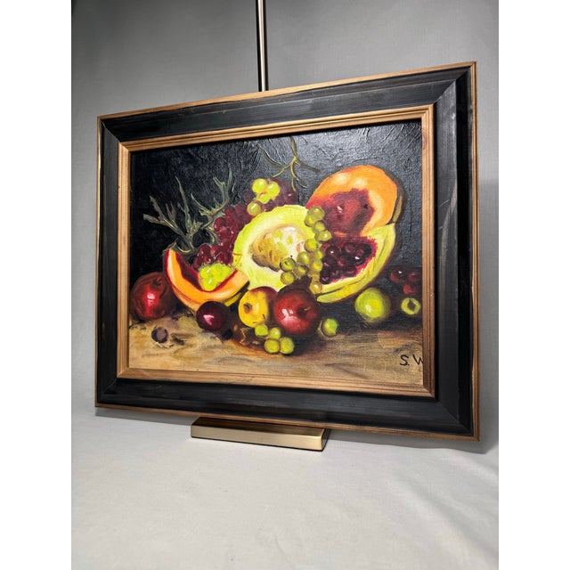 Mid-Century Modern Mid Century Fruit Still Life Realism Framed Original Oil Painting on Canvas, Black, Gold, Orange, Chartreuse For Sale - Image 3 of 12