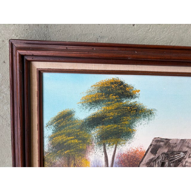 Blue Vintage Signed Rustic Water Mill Landscape Oil Painting in Wood Frame For Sale - Image 8 of 8