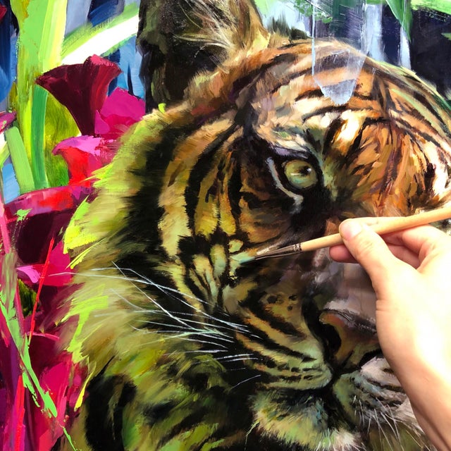 The Sumatran Tiger by Lindsey Kustusch | Oil on wood panel of a tiger among vibrant flowers For Sale - Image 4 of 5