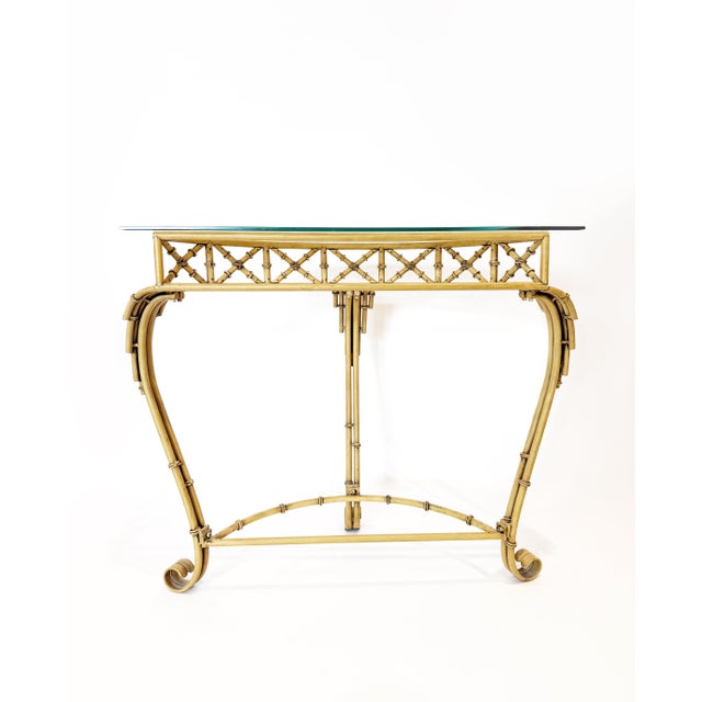 Hollywood Regency Metal Faux Bamboo Demilune Console Table and Mirror - Set of 2 For Sale In Tampa - Image 6 of 12