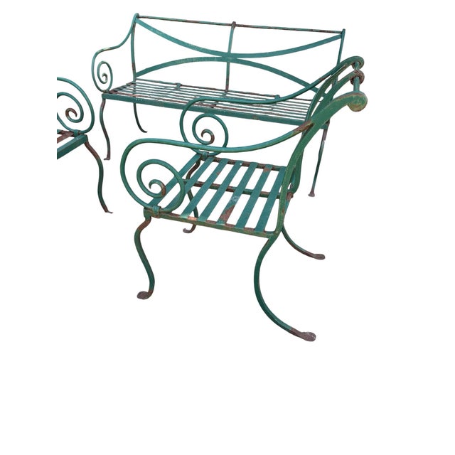 Vintage Hand Forged Scrolled Iron Outdoor Bench and Chair Set- A Set of 3 For Sale - Image 9 of 12