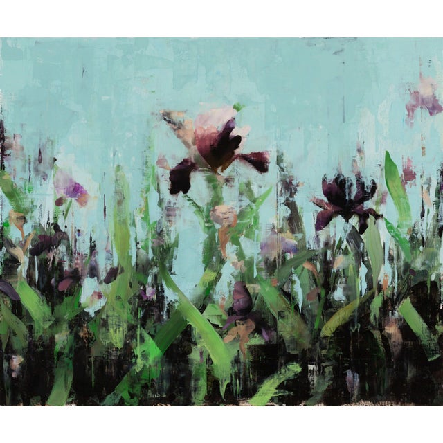 This artwork depicts a vibrant array of flowers set against a soft, pale blue background, creating a sense of depth and...