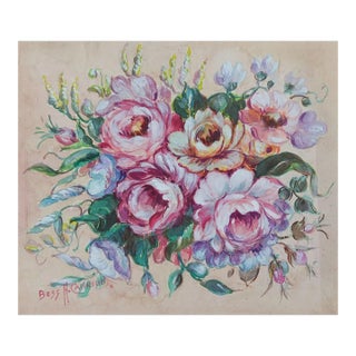 Vintage Pink Roses Gouache Painting For Sale