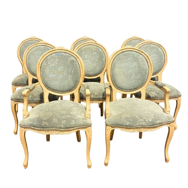 French Louis XVI Style Dining Chairs and Armchairs in Faded Teal Floral Upholstery, 1950s, Set of 8 For Sale - Image 11 of 11