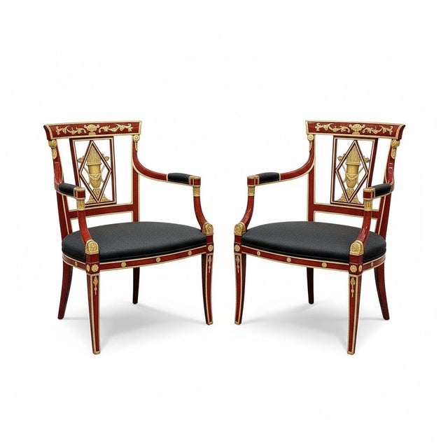 Neoclassical Neo-Classical Carved and Painted Arm Chairs Att. To David Michel - Pair For Sale - Image 3 of 6