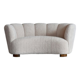 Danish 1940's Banana Shaped Curved Loveseat or Sofa Covered in Beige Lambswool For Sale