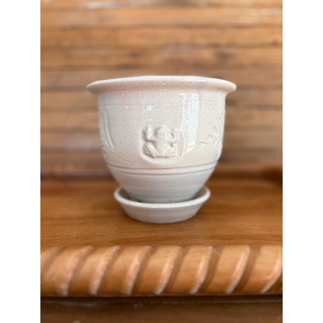 White Vintage Crackle Glaze Ceramic Planter With Attached Saucer, French Country Style For Sale - Image 8 of 11