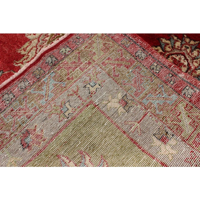 Red Mid 20th Century Vintage Turkish Konya Rug With Medallion in Red, Lime Green, Gray, Yellow, and Ivory For Sale - Image 8 of 9