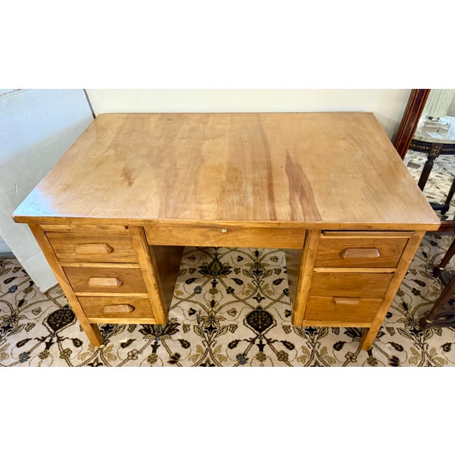 Mid-Century Modern Vintage Solid Oak Pedestal Desk With Drawers For Sale - Image 3 of 11
