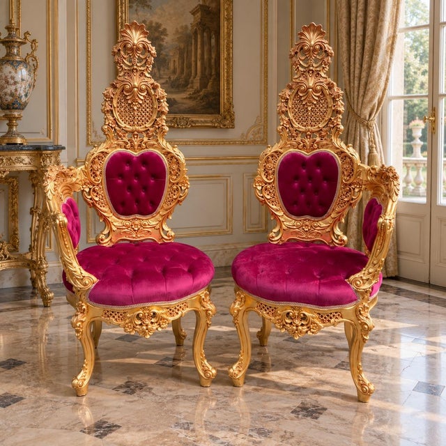 1970s Italian Artisan Baroque Gold Red Velvet Chairs-Pair For Sale - Image 11 of 11