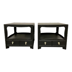 1950s Michael Taylor for Baker Far East Collection Black Lacquered Nightstands, Pair
