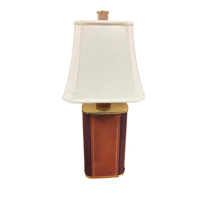 Animal Skin 1970s Two-Toned Square Leather Wrapped Table Lamp With Gold Trim For Sale - Image 7 of 12