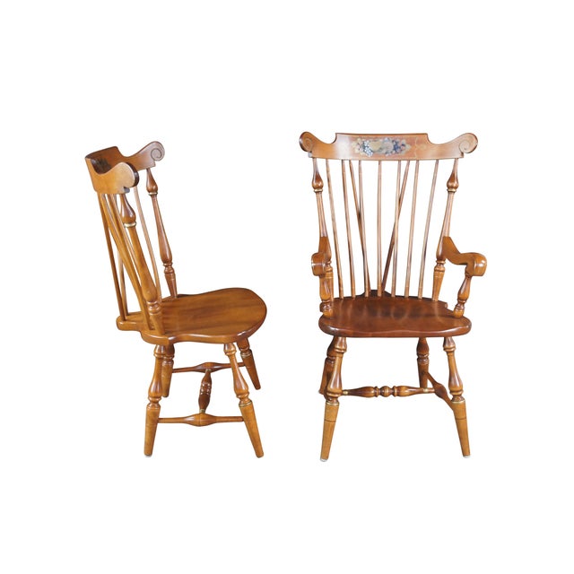 American Late 20th Century 6 Ethan Allen Duxbury Maple Colonial Windsor Fiddleback Dining Chairs For Sale - Image 3 of 14