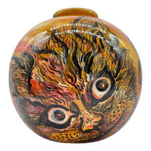 Hand-Painted Ceramic Globe Vase by Folk Artist Virginia Hott Kellogg – Cat, Dog & Floral Motif