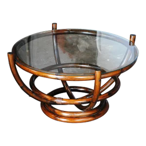 Late 20th Century Vintage McGuire Style Round Bamboo and Glass Coffee Table
