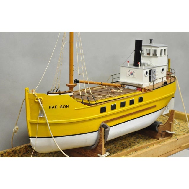 Large 48" Vintage Wooden Fishing Vessel Model Ship Yellow Hull South Korean Flag For Sale - Image 4 of 18